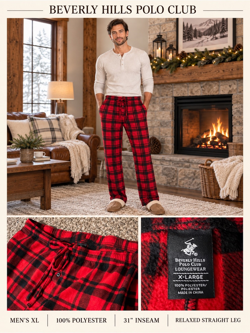 Beverly Hills Polo Club Red and Black Plaid Men's Lounge Pants